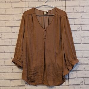 Joie Women's Size 1X Blouse Brown Button Front Balloon Sleeve V-Neck Lightweight